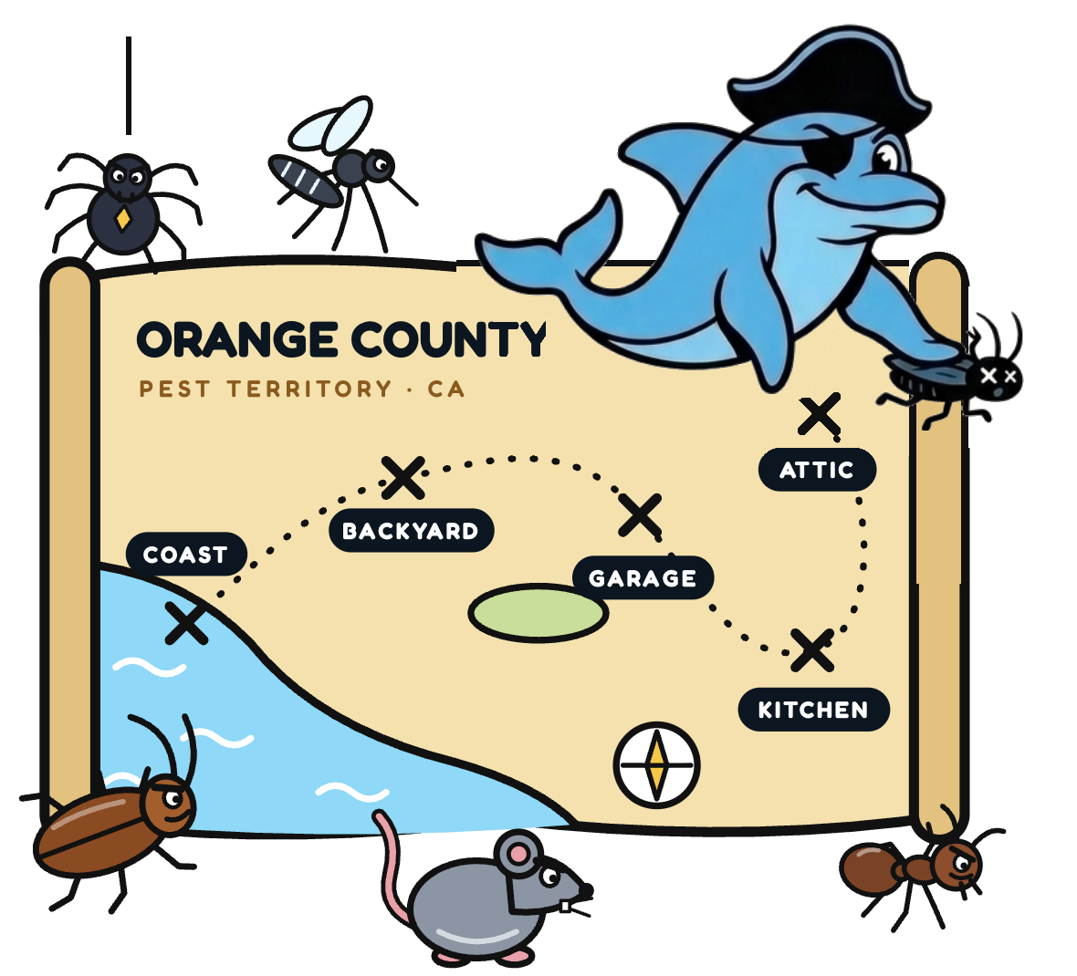Orange County pest territory map with the Treasure Pest dolphin